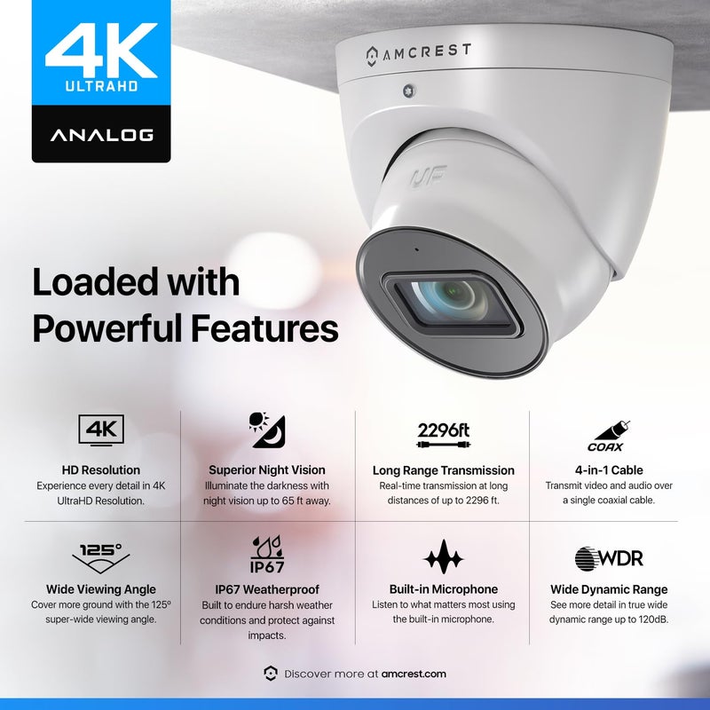 Amcrest Analog 4K Outdoor Security Camera, Turret 8MP @15fps CCTV-Coax-BNC, 65ft Night Vision, 125Â° Angle, Built-in Mic, White (AMC4KDM28-W-V3), (Not an IP Camera) DVR Required, Not Included - Image 3
